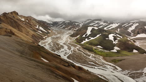 Landschaft-Aus-Schneebedeckten-Bergen-Und-Einem-Fluss-In-Landmannalaugar,-Island