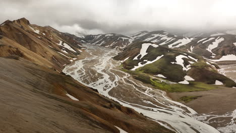 paisaje de montañas cubiertas de nieve y un río en landmannalaugar iceland