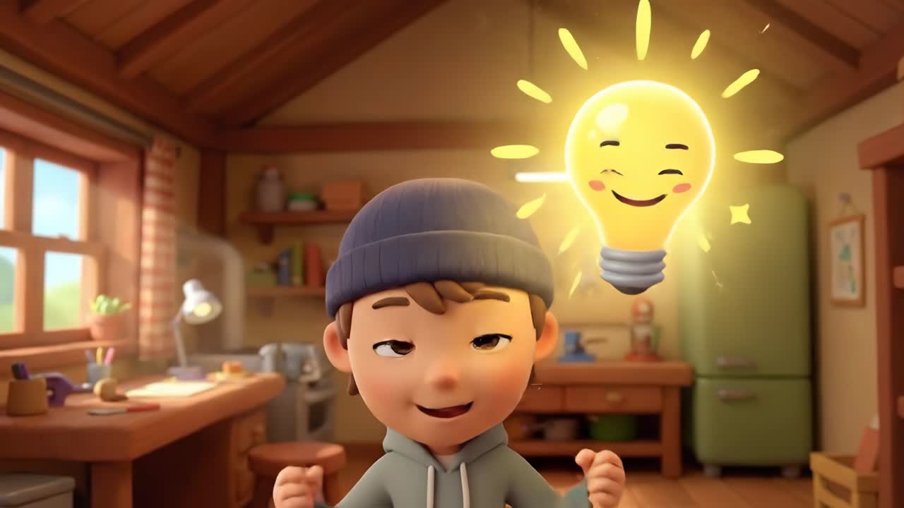 Ragazzo animato ha un'idea brillante con una lampadina che fa l'occhiolino