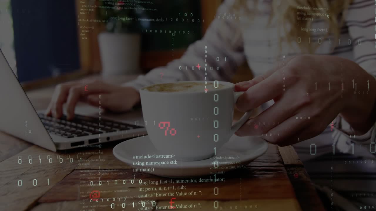 Woman tapping keyboard pausing hand reaching coffee cup for sip while binary code enveloping desk