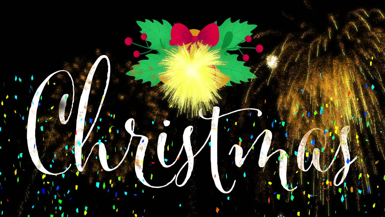 Christmas text animation over fireworks and confetti on black background