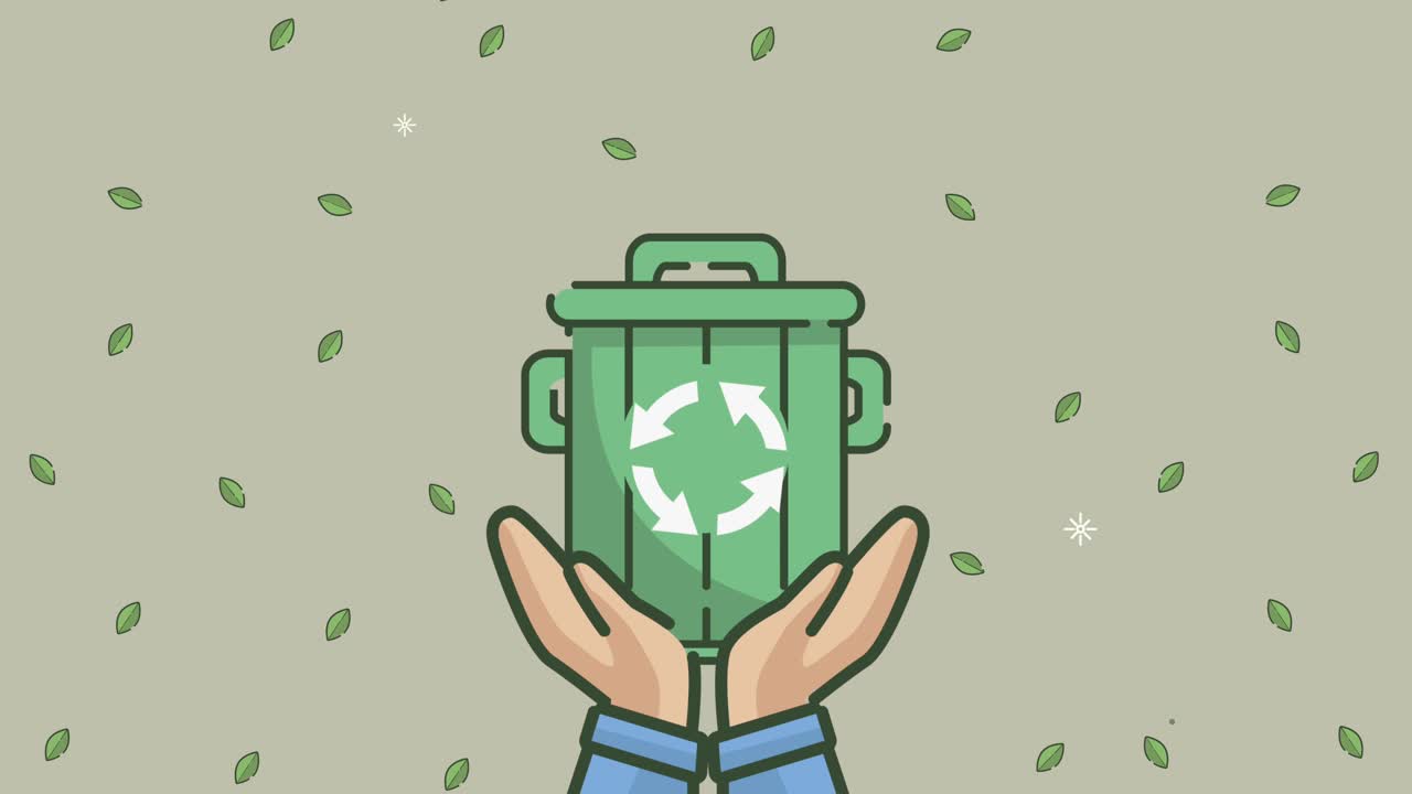 animación ecológica con las manos levantando el contenedor de residuos de reciclaje
