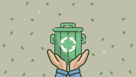 animación ecológica con las manos levantando el contenedor de residuos de reciclaje