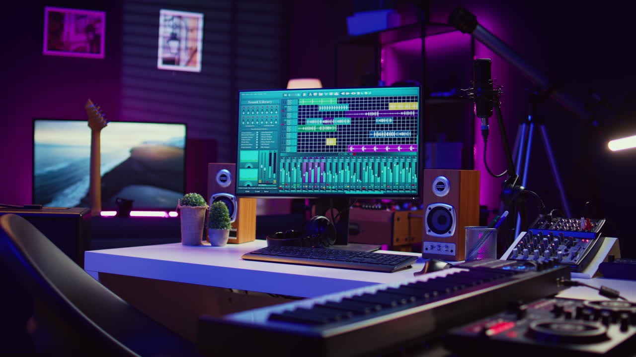 싱 사운드보드 패널을 장착한 집에 있는 빈 스튜디오