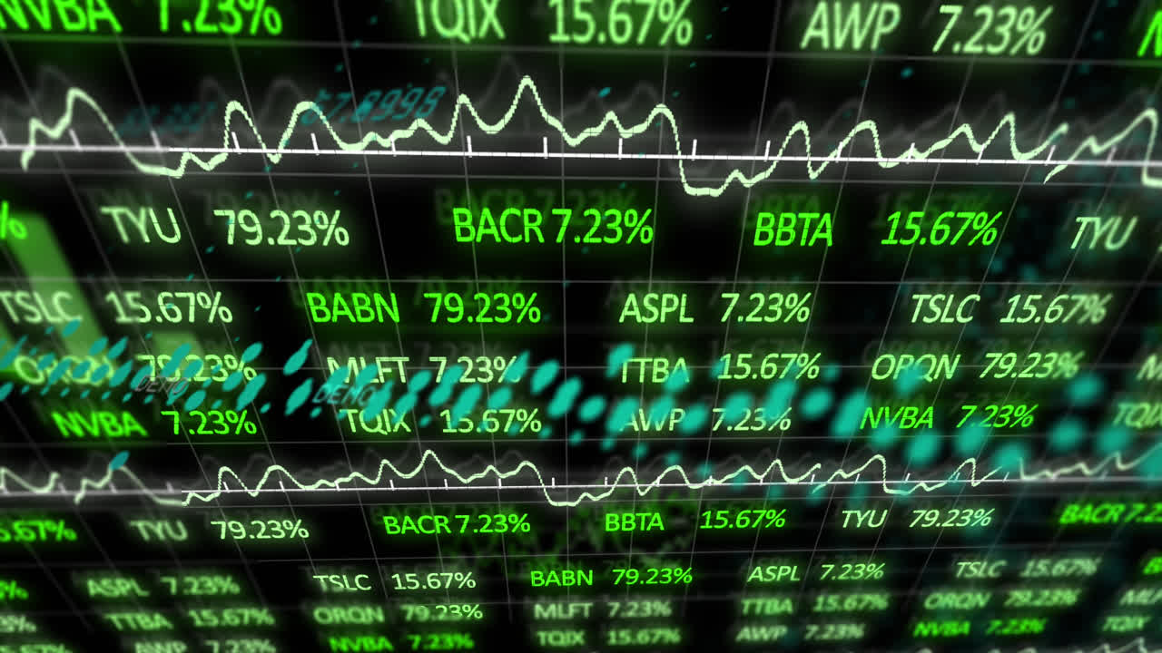 Animazione di un tabellone di trading, più grafici e un globo su sfondo nero