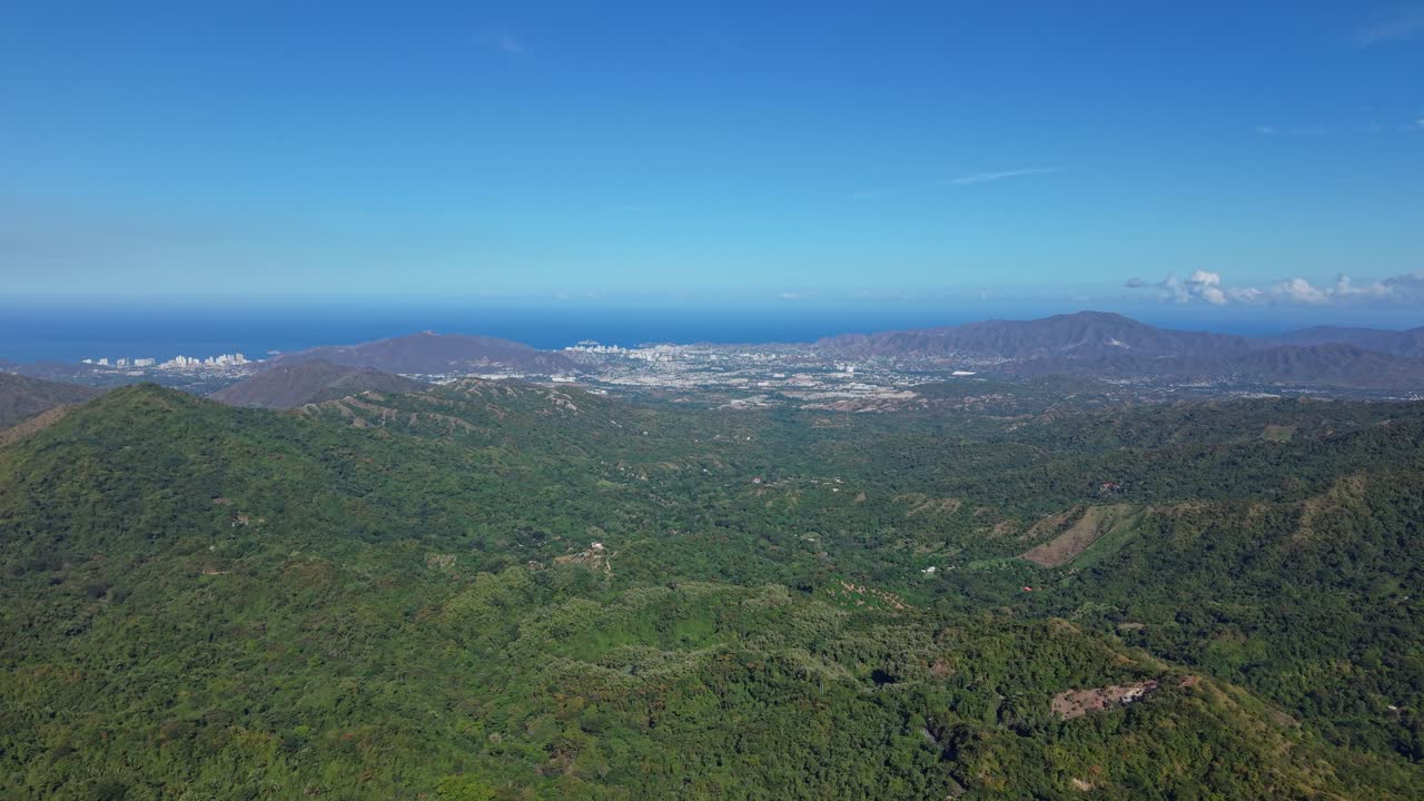 Drone view over Minca hills to Santa Marta's beaches and cityscape