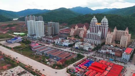 drone aerial view of boten city in laos located in luang namtha province, on the china–laos border building under construction development