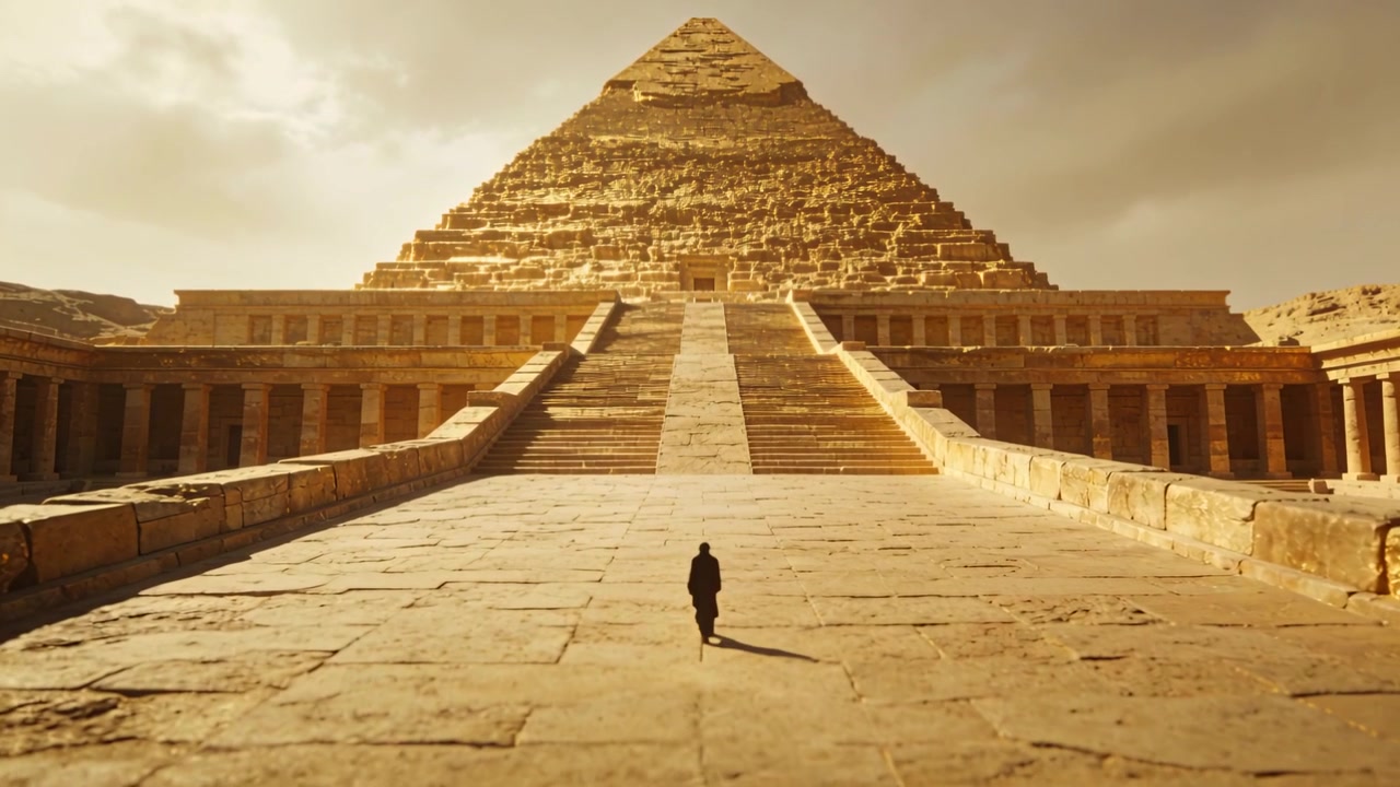 Una figura ammantata si avvia verso una piramide a gradoni, percorrendo il cortile con colonnati, proiettando una lunga ombra.
