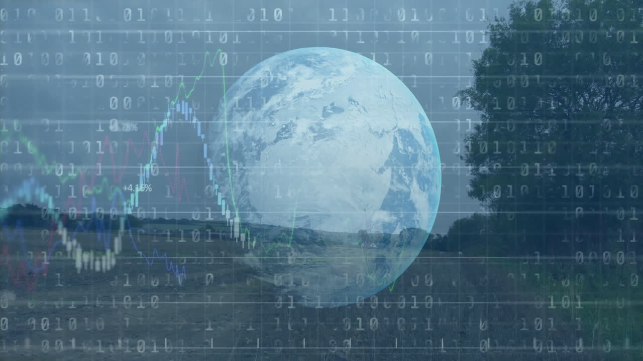 semi-transparent Earth globe hovering over field, showing binary code and candlestick charts