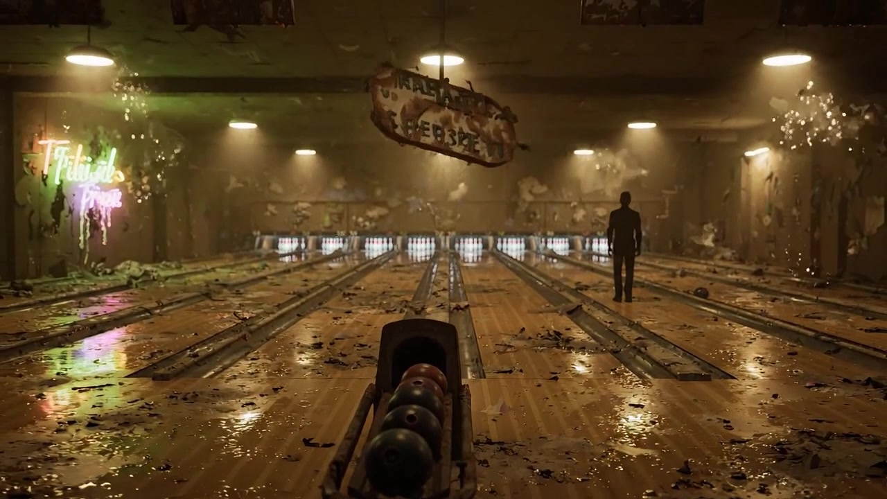 En hjemsøgende forladt bowlingbanescene med reflekterende overflader og skygger, der indfanger essensen af ubrugthed og en uhyggelig atmosfære i mørke omgivelser.