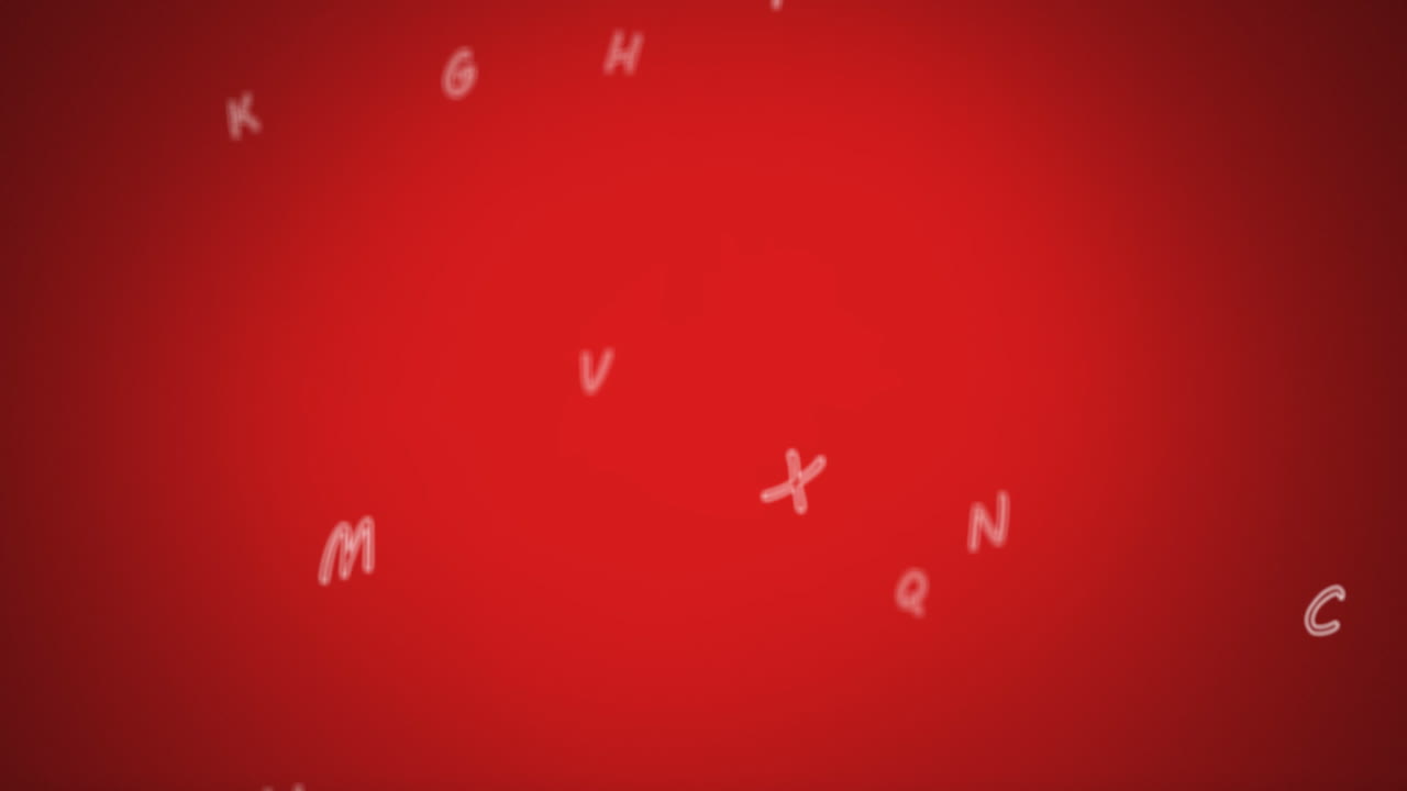 Composizione digitale di più alfabeti inglesi fluttuanti su uno sfondo rosso.