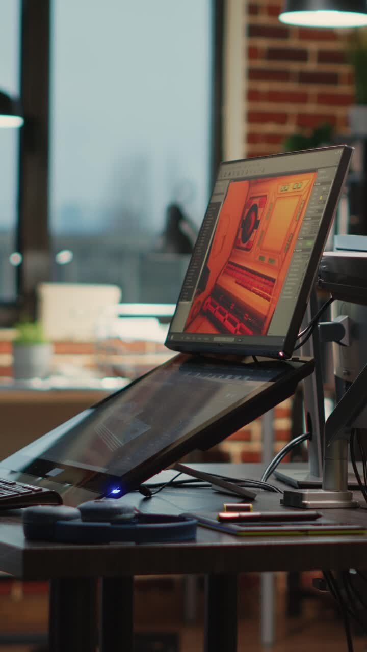 Video verticale: studio di agenzia creativa vuoto pieno di postazioni di lavoro per creare contenuti.