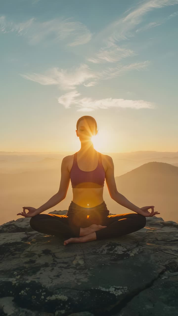 Vertical video: Sitting woman opening eyes and smiling as sun lowering on rock cliff, sports bra