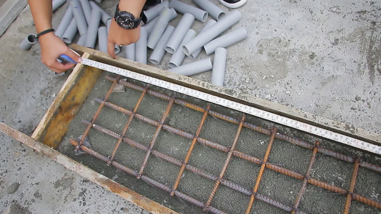 Indian mason worker taking accurate measurements with a tape measure as part of a construction project, showing the wooden slab with rebar and pipes placed inside