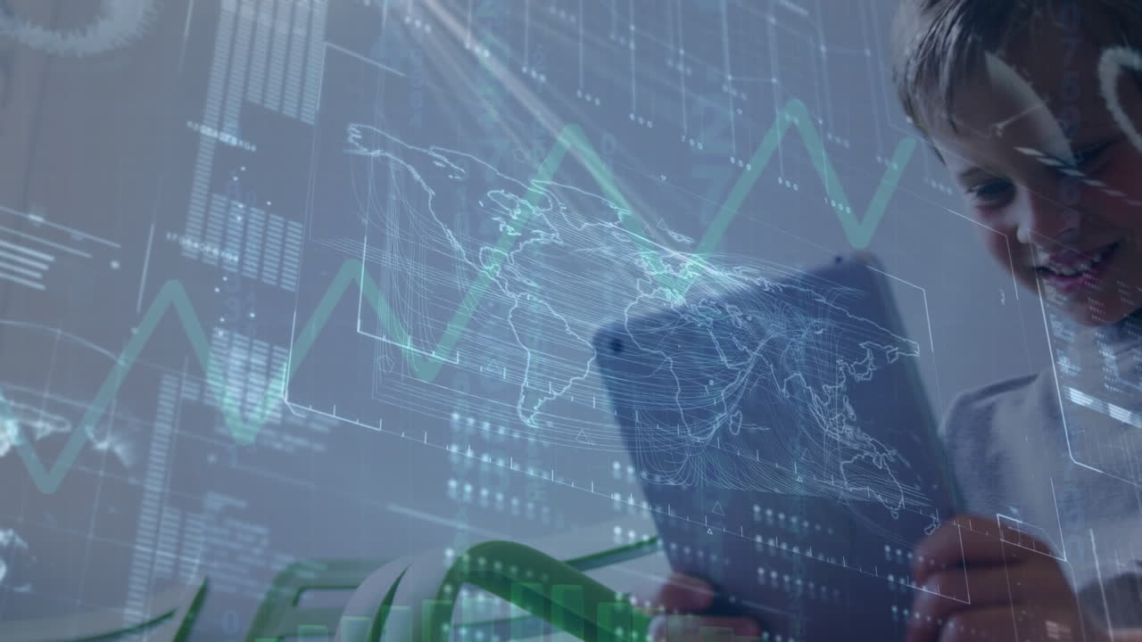 animación de procesamiento de datos y mapa del mundo sobre niño caucásico usando tableta