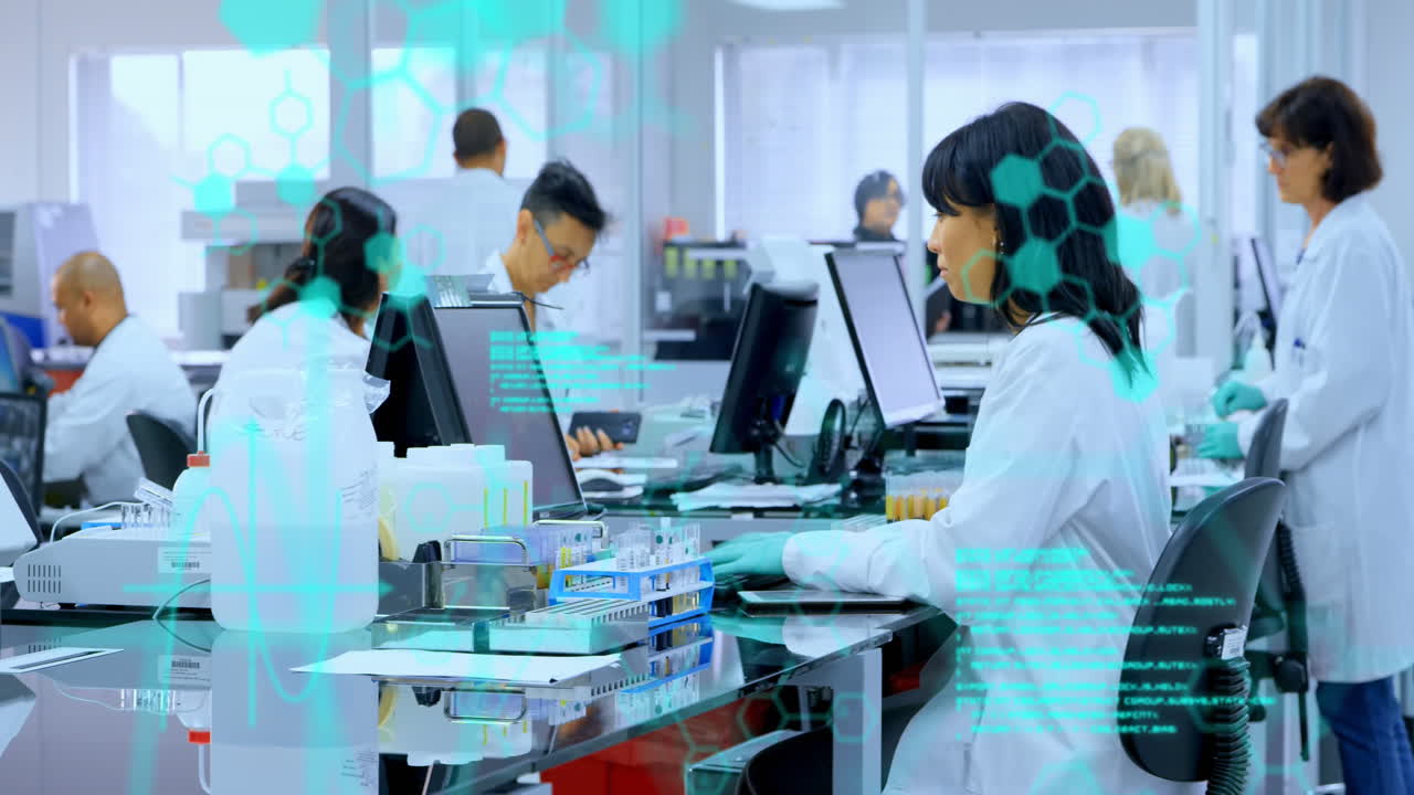 프로그래밍 언어와 분자 구조를 컴퓨터를 사용하여 다양한 과학자들에 대한 애니메이션