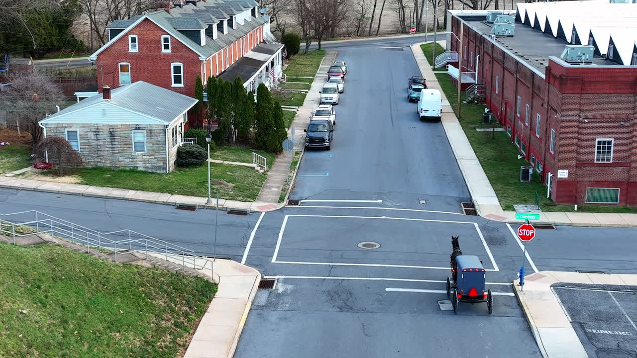 말은 겨울에 작은 마을을 통해 아미쉬 마차를 끌고