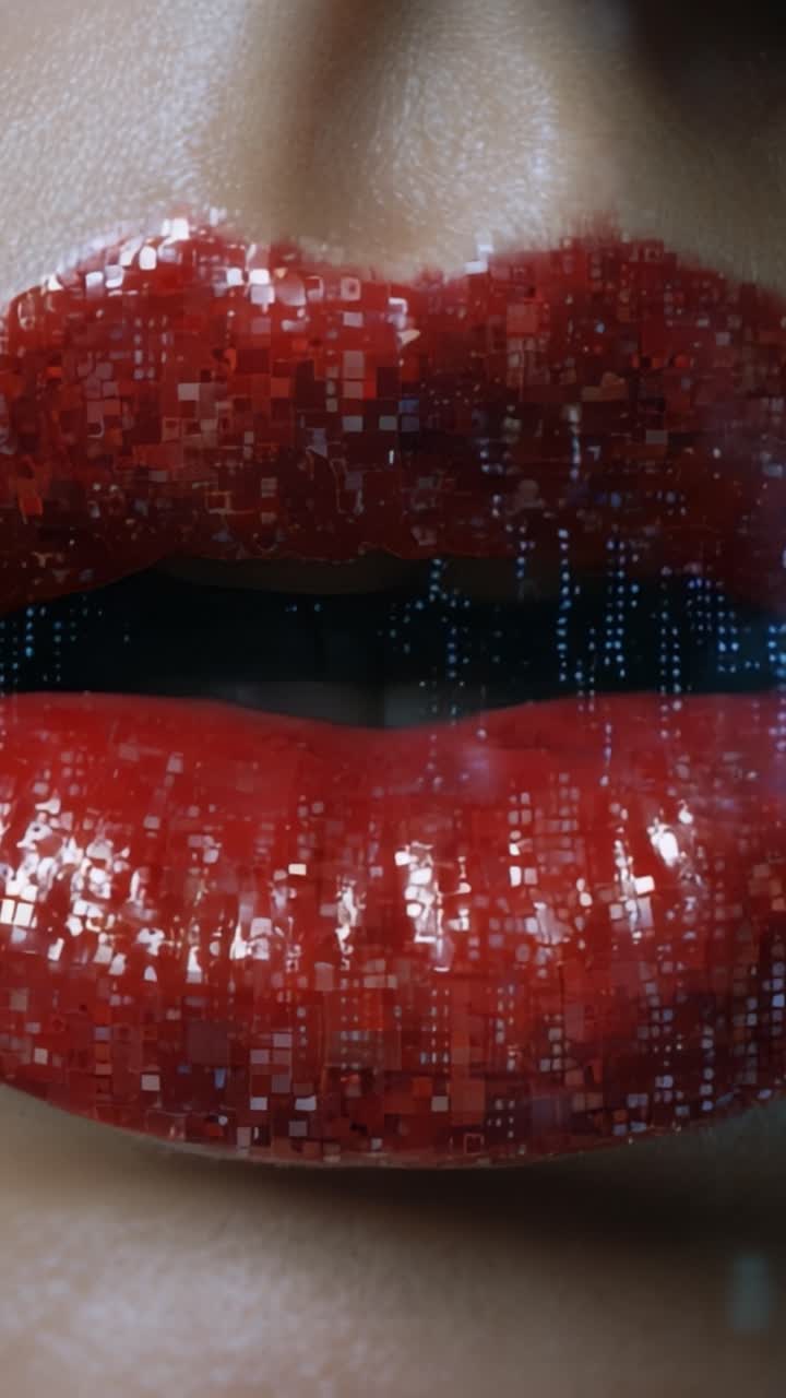 Um Close-Up de Lábios Pixelados Vermelhos e Brilhantes, Exibindo uma Mistura Única de Beleza e Estética Digital em uma Representação Artística Moderna.