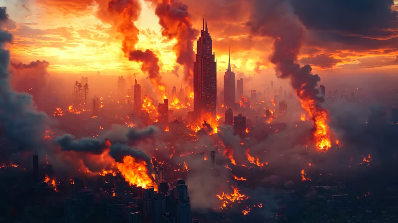 A city on fire in the middle of a city at sunset