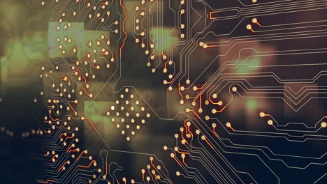 Animation of microprocessor connections over abstract square shapes against brown background