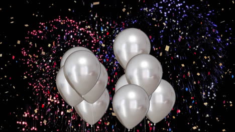 animation of silver balloons with fireworks on black background