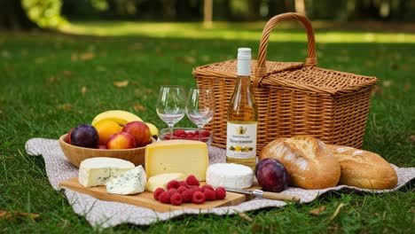 a summer picnic spread featuring fresh fruits, delicious cheeses, and refreshing wine, perfectly arranged on a blanket in a scenic outdoor setting