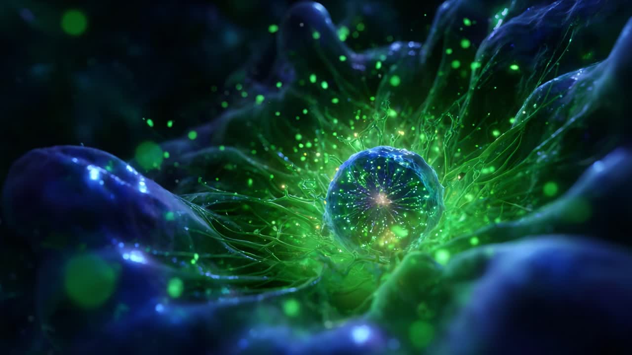 Microcosmo vibrante: una cellula luminosa circondata da particelle energetiche in un ambiente organico meravigliosamente complesso, catturato con dettagli e profondità straordinari