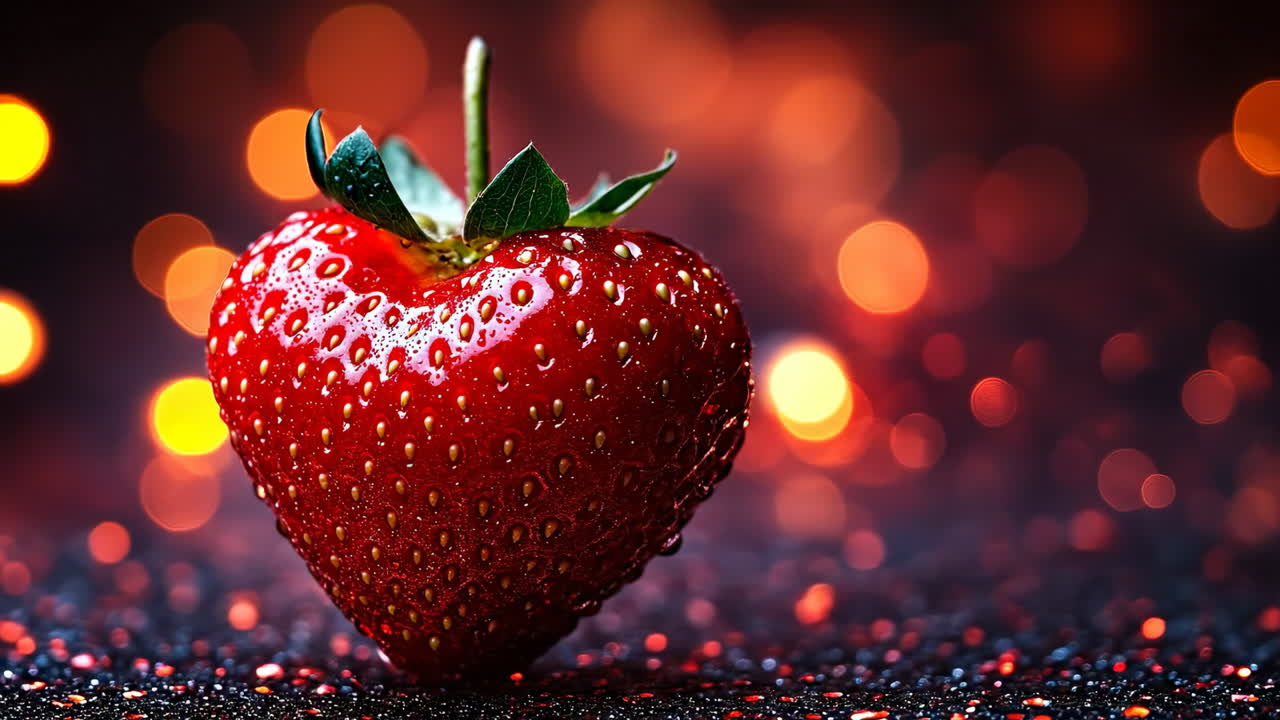 Shiny heart-shaped strawberry. A heart-shaped strawberry glistens with droplets on a dark surface, surrounded by colorful bokeh lights