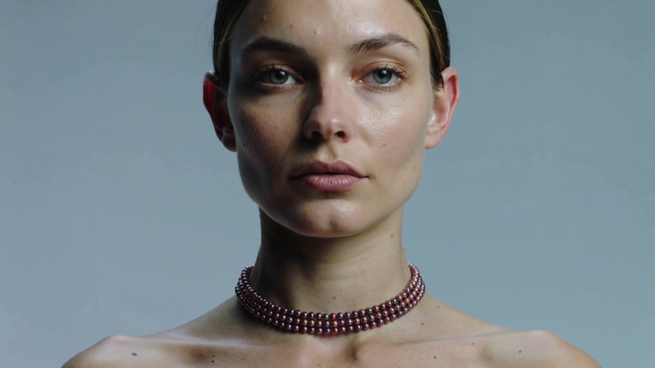 La telecamera si allontana, rivelando una modella che indossa un girocollo di perle a tre fili con illuminazione soffusa per mostrare la lucentezza