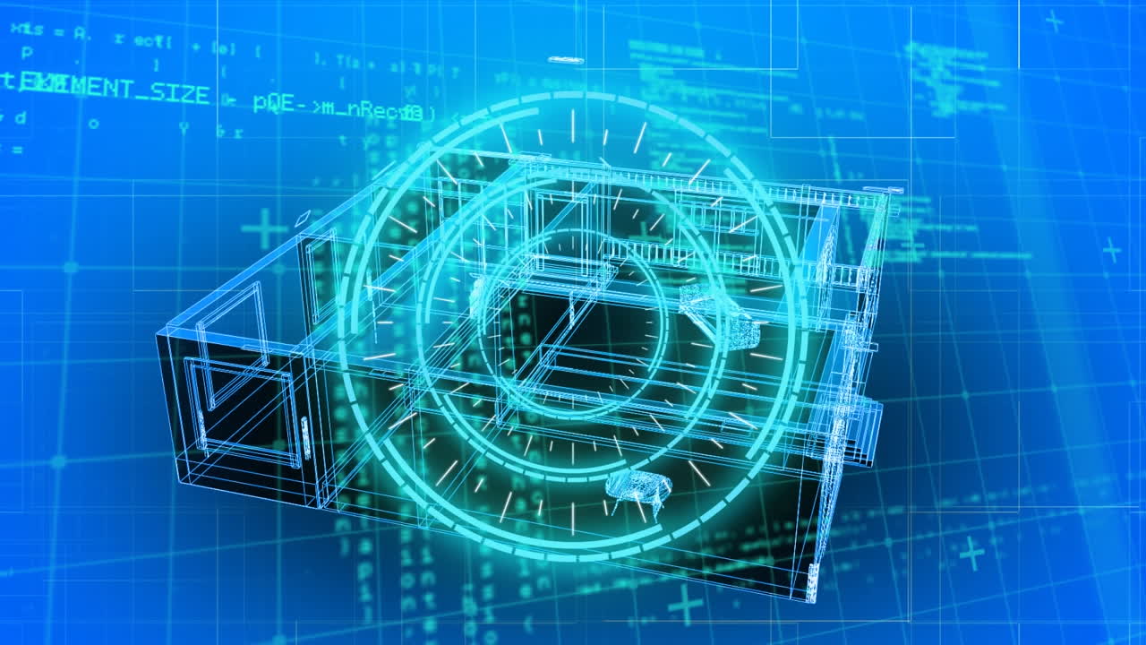 animación de la interfaz que muestra un ámbito circular brillante con datos y plan arquitectónico de la casa en azul