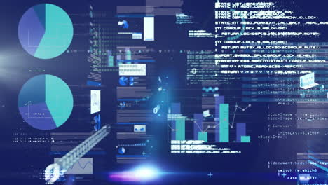 la animación digital muestra los datos del mercado de valores en una interfaz azul brillante.