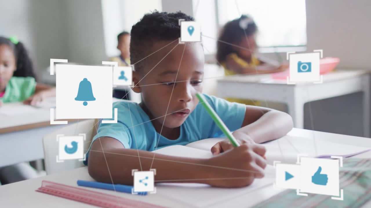 Animation of network of connections with icons over african american schoolboy