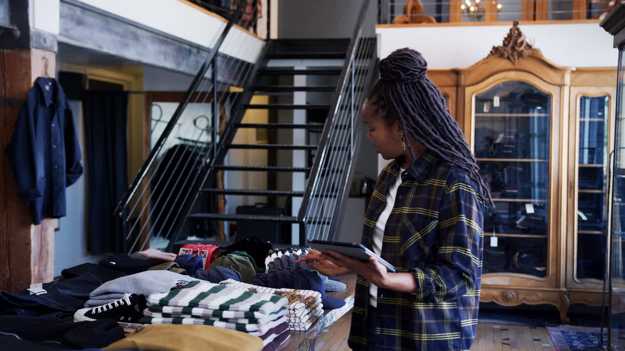 Female Owner Of Fashion Store Using Digital Tablet To Check Stock In Clothing Store