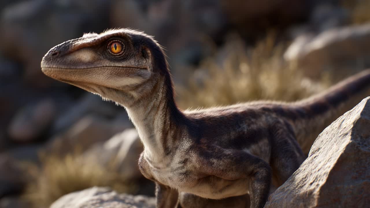 Rappresentazione realistica di un dinosauro in un paesaggio roccioso, che mostra texture dettagliate e caratteristiche realistiche che catturano l'essenza delle creature preistoriche.