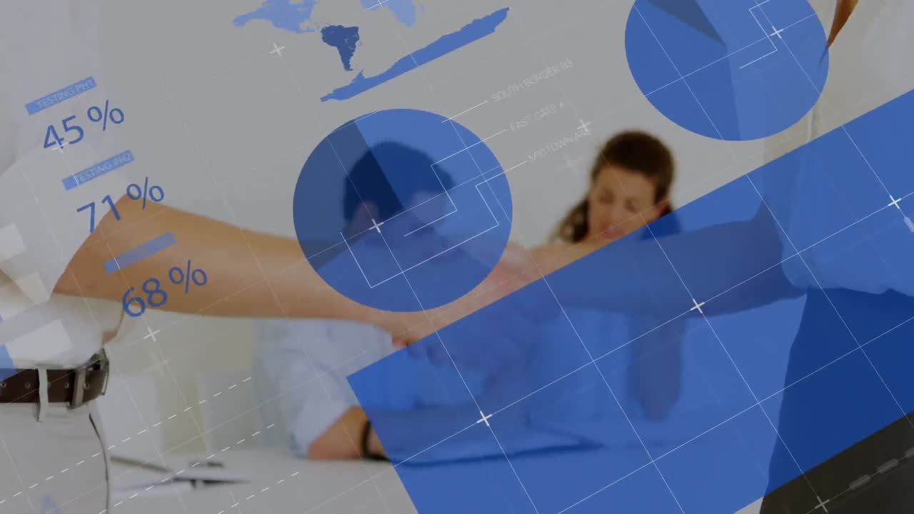 animación de estadísticas y procesamiento de datos sobre el apretón de manos de un empresario