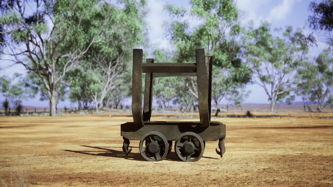 Old metal cart on dry land under blue sky with trees in background