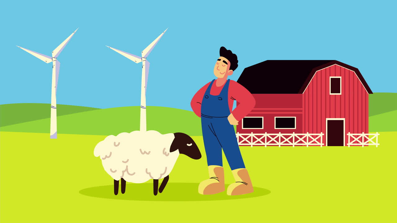 animación de estilo de vida de la granja con el granjero y el cordero en el establo