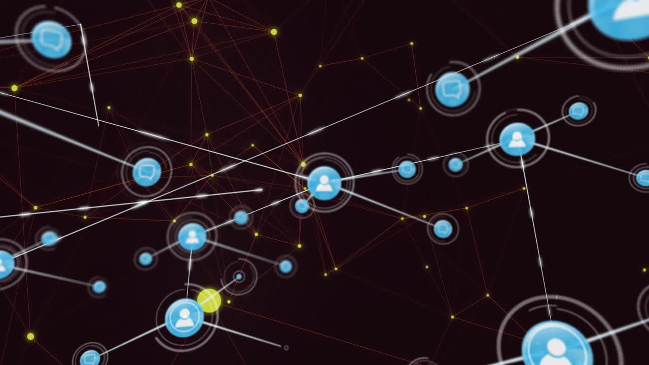 animación de la red de conexiones con iconos digitales sobre puntos amarillos