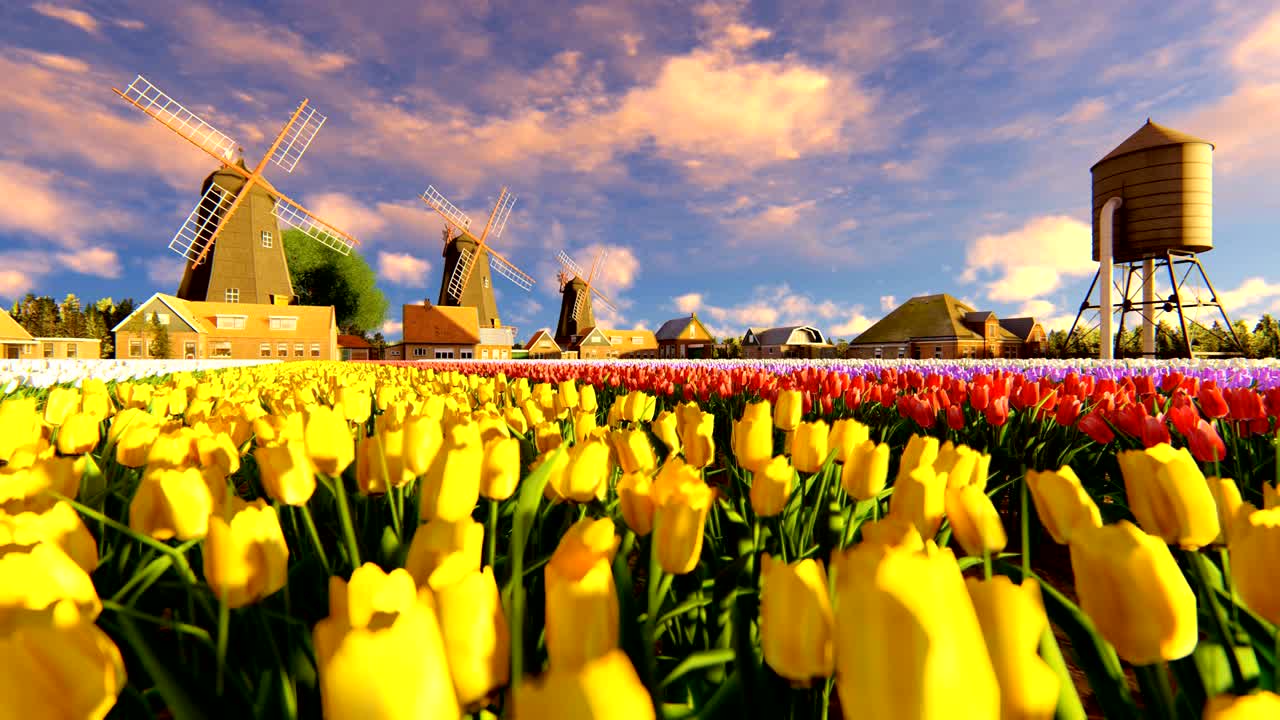 전면 에 활기찬 립 이 있는 전통적 인 네덜란드 풍차