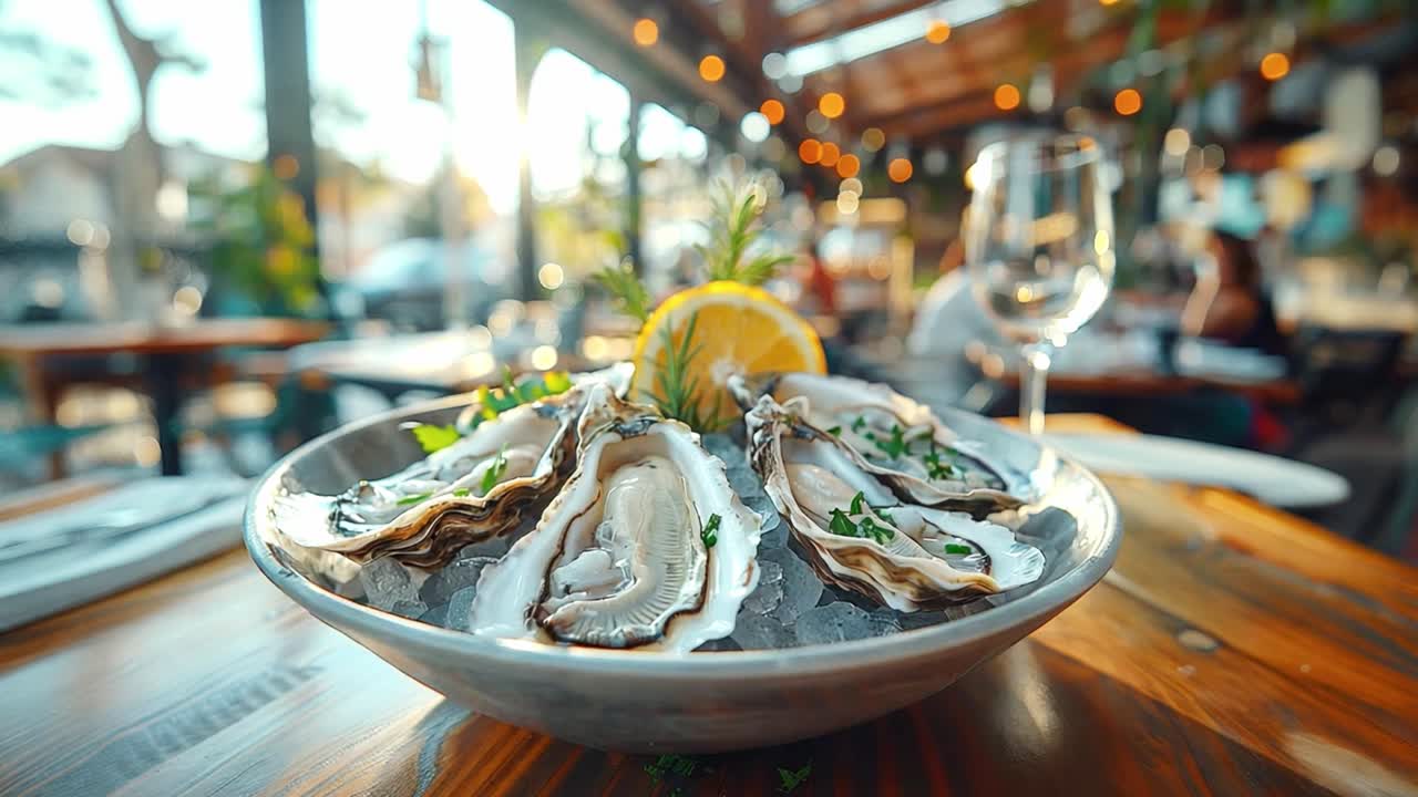 Oysters with lemon in a restaurant setting