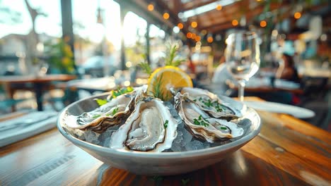 oysters with lemon in a restaurant setting