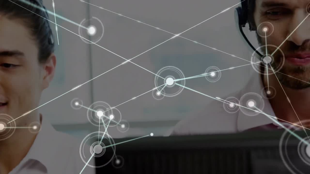 전화 헤드 ⁇ 을 착용 한 사업가 들 을 통한 연결 네트워크 의 애니메이션