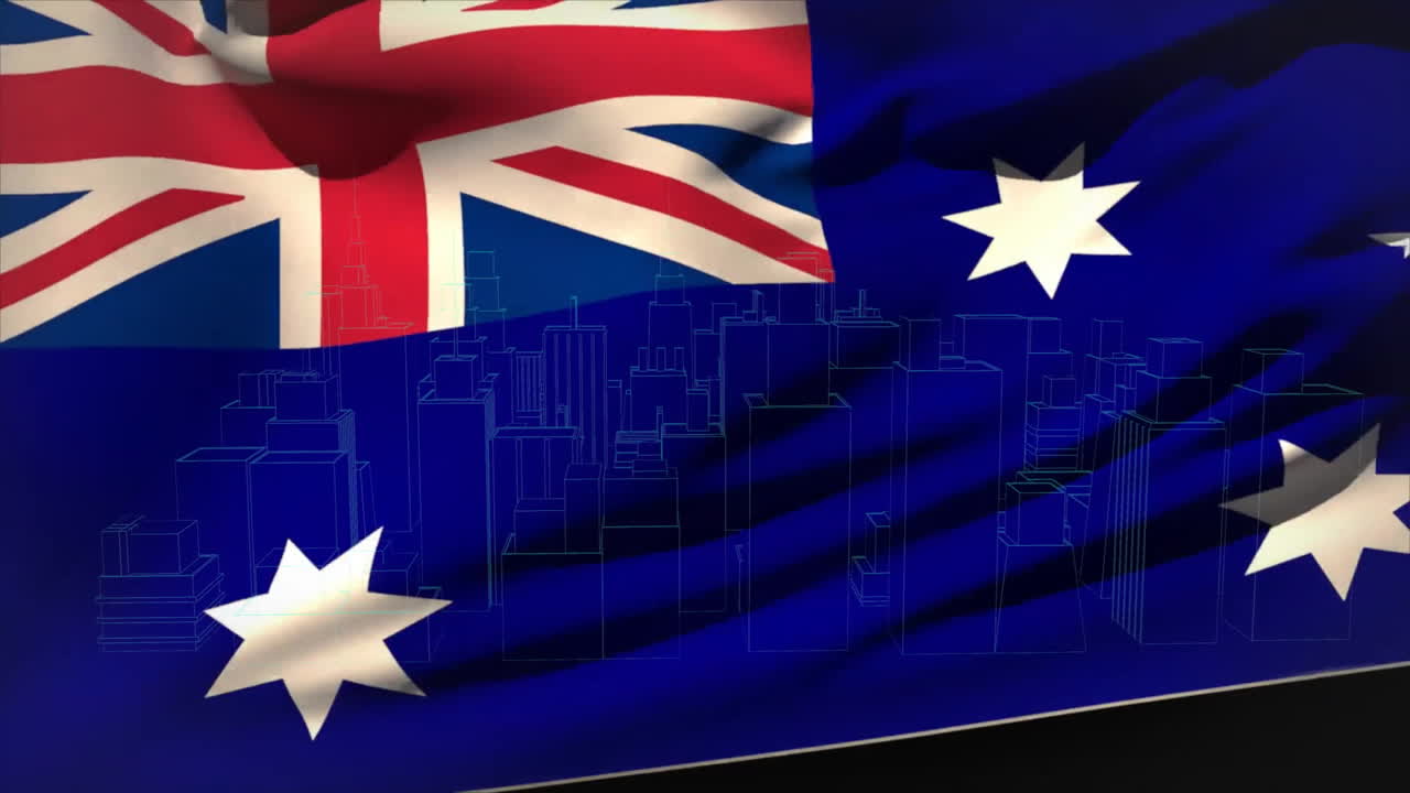 Waving Australian flag over cityscape with blue background in animation style