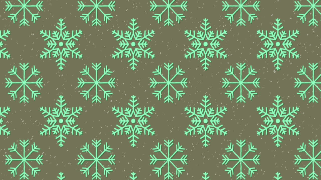 Animation of snowflakes icons in seamless pattern and white particles against grey background