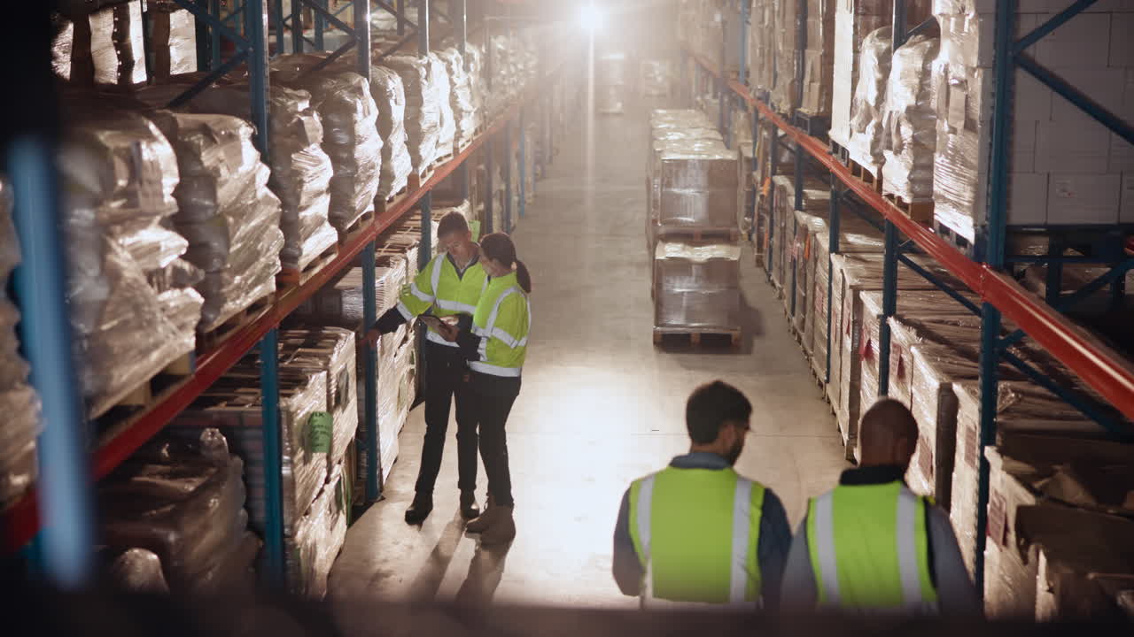 trabajadores del almacén inspeccionando el inventario