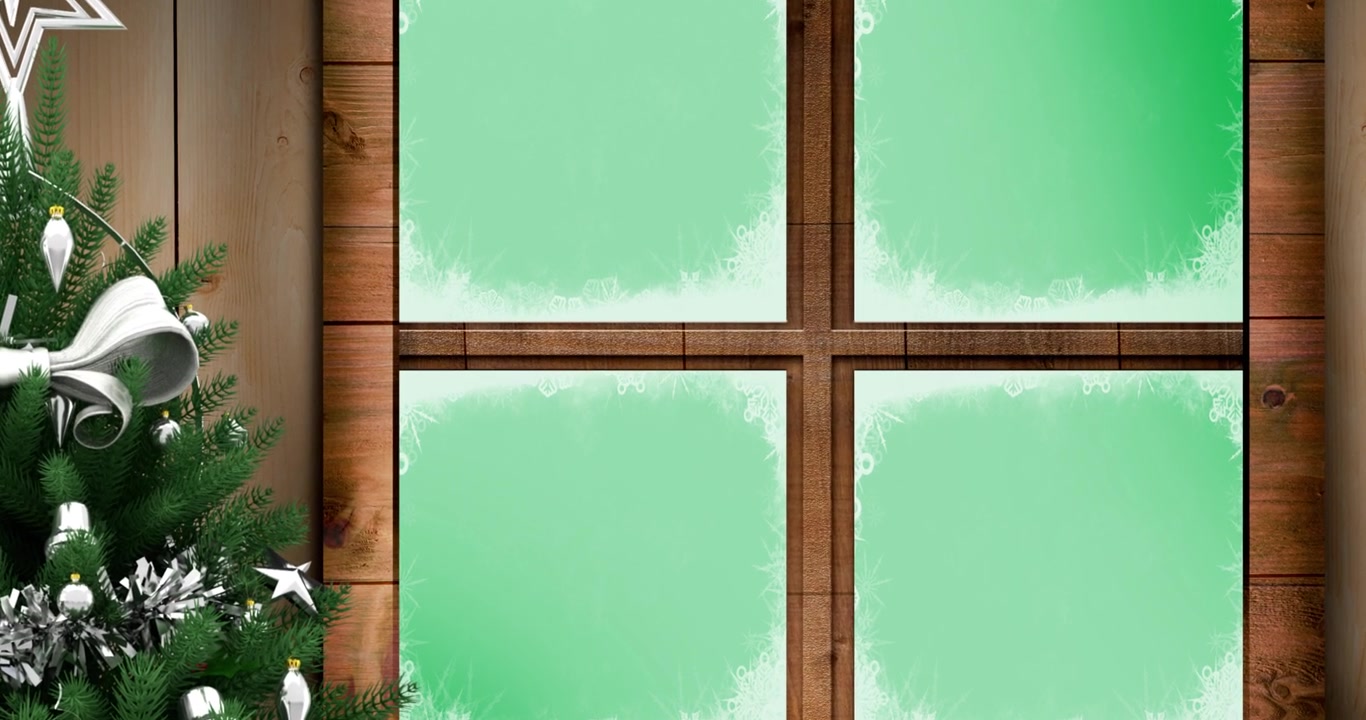 Digital animation of christmas tree and wooden window frame against black background