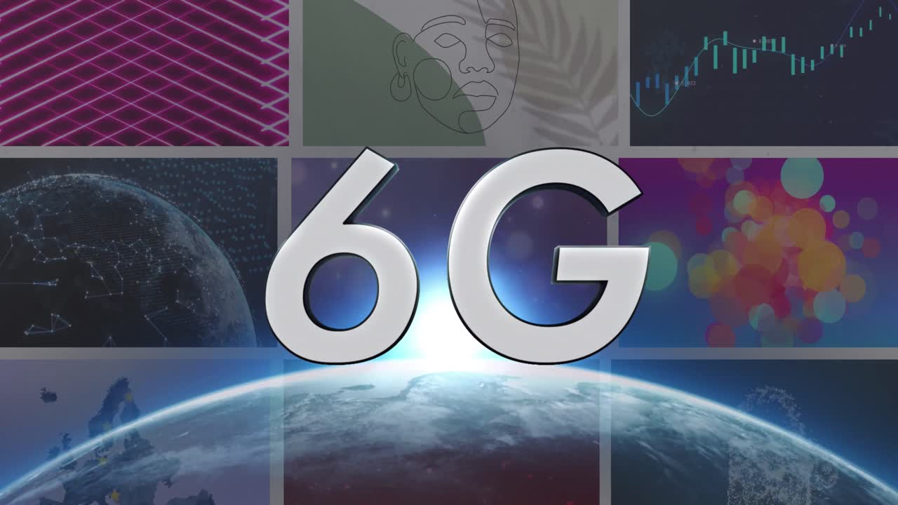 animación de texto de 6g sobre un globo brillante sobre clips coloridos que se reproducen en pantallas compuestas