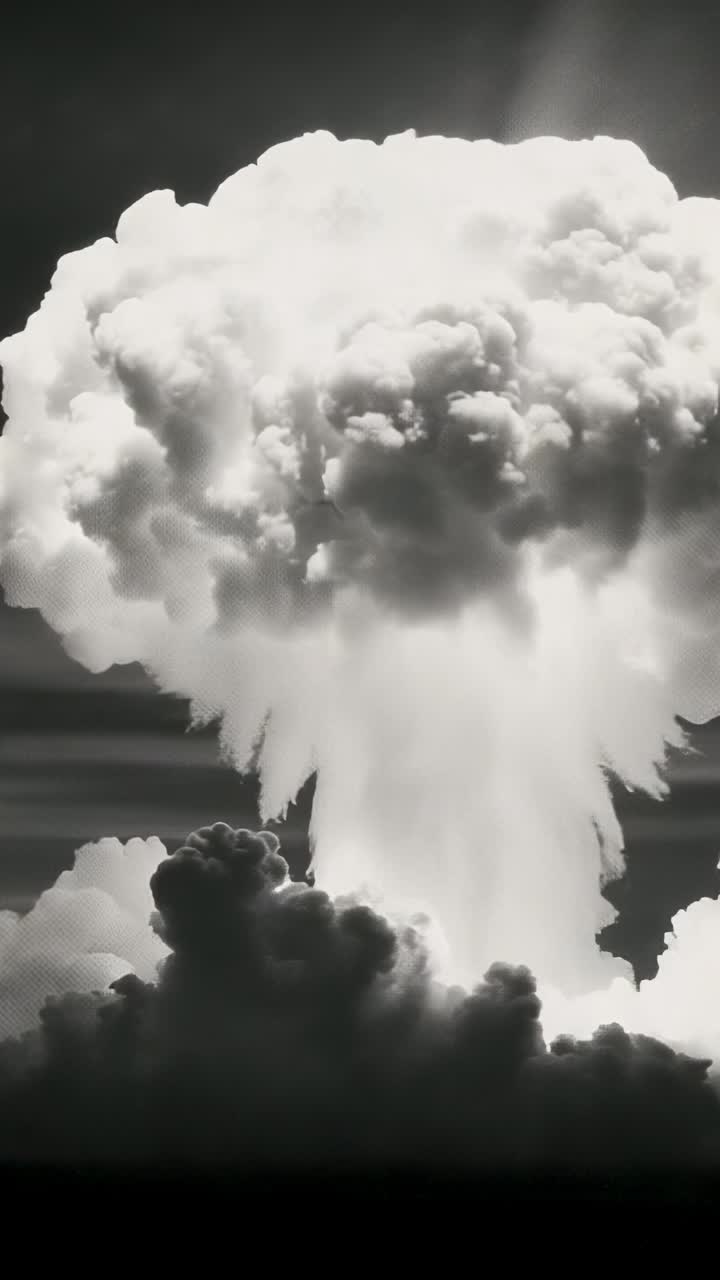 Vertical video: Exploding bomb sending mushroom cloud rising in field with billowing smoke plumes