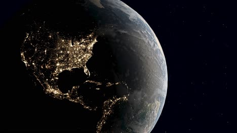 view from space over planet earth - usa at night with glowing city lights