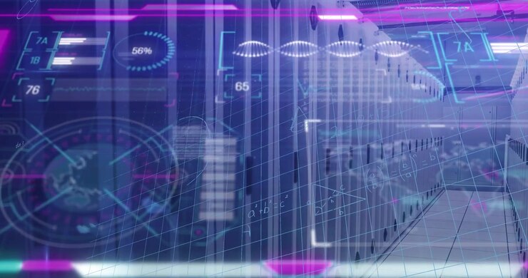 Animation of interface with data processing and mathematical equations against server room